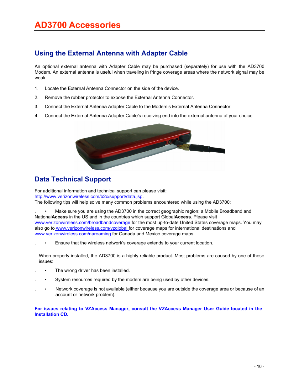 Ad3700 accessories, Using the external antenna with adapter cable, Data technical support | Verizon Wireless Global Ready USB Modem AD3700 User Manual | Page 11 / 17