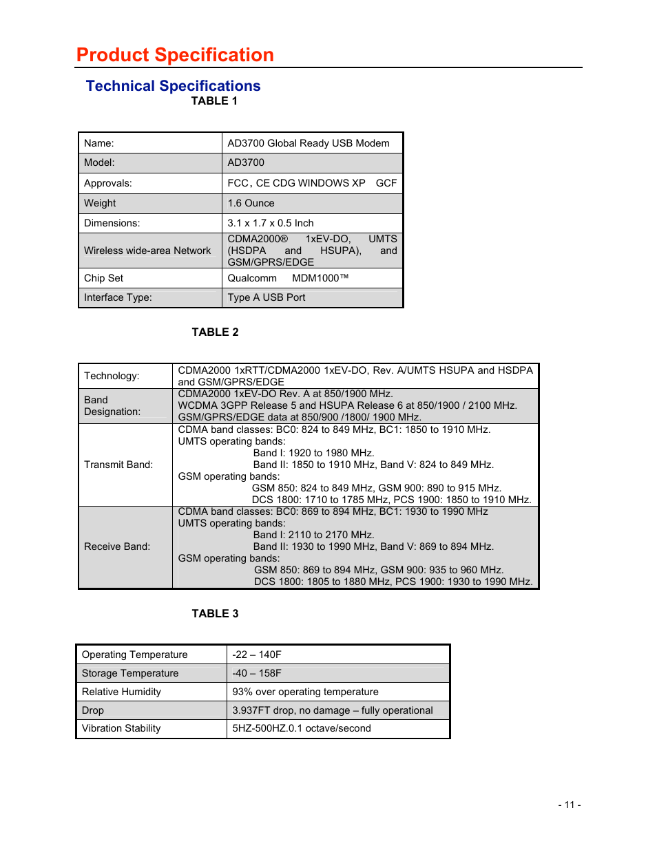 Product specification, Technical specifications | Verizon Wireless Global Ready USB Modem AD3700 User Manual | Page 12 / 17
