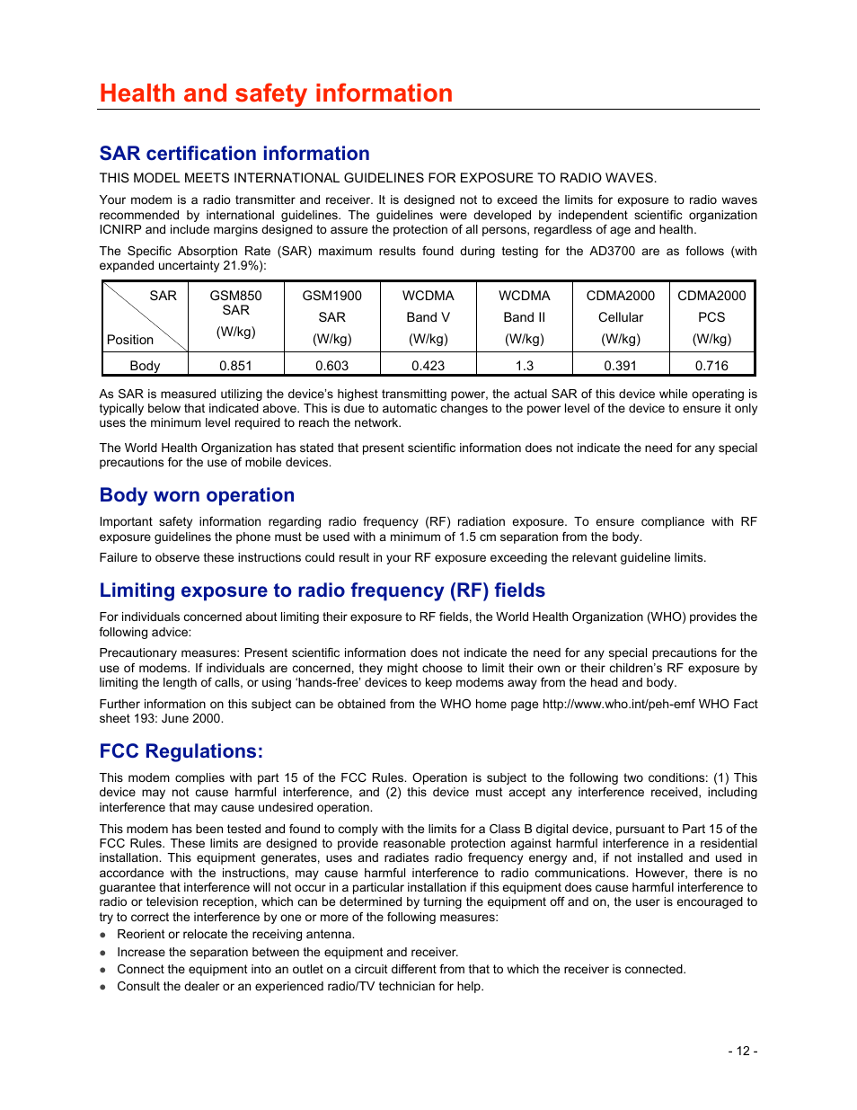 Health and safety information, Sar certification information, Body worn operation | Limiting exposure to radio frequency (rf) fields, Fcc regulations | Verizon Wireless Global Ready USB Modem AD3700 User Manual | Page 13 / 17