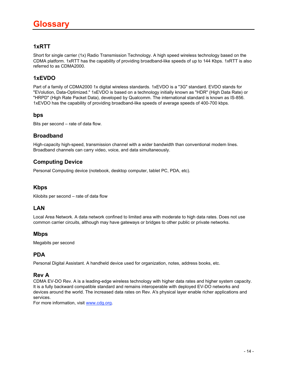 Glossary | Verizon Wireless Global Ready USB Modem AD3700 User Manual | Page 15 / 17