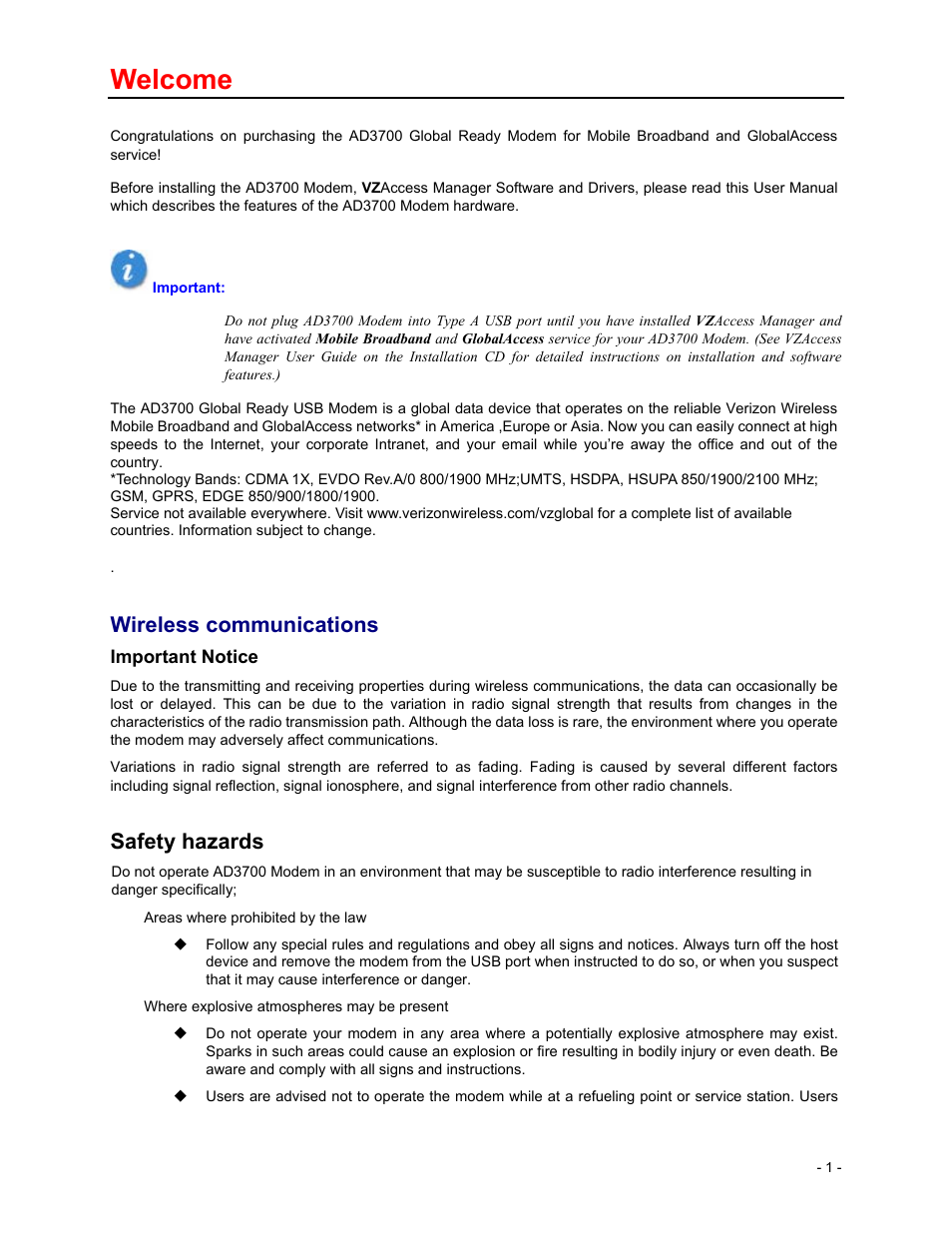 Welcome, Wireless communications, Safety hazards | Verizon Wireless Global Ready USB Modem AD3700 User Manual | Page 2 / 17