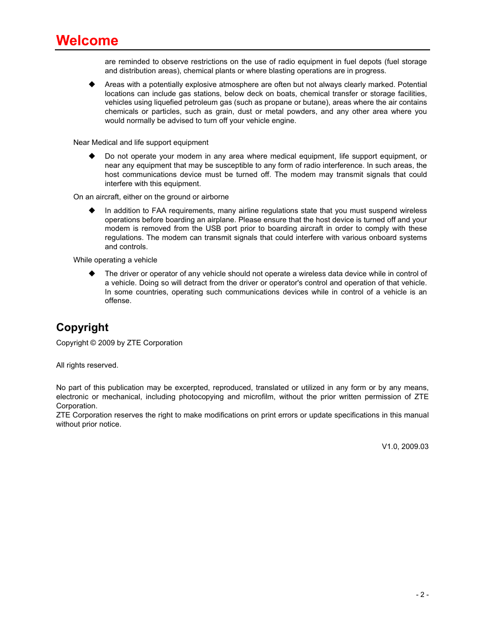 Welcome, Copyright | Verizon Wireless Global Ready USB Modem AD3700 User Manual | Page 3 / 17
