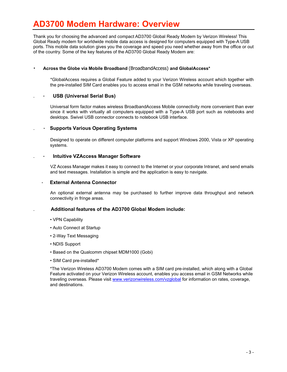 Ad3700 modem hardware: overview | Verizon Wireless Global Ready USB Modem AD3700 User Manual | Page 4 / 17