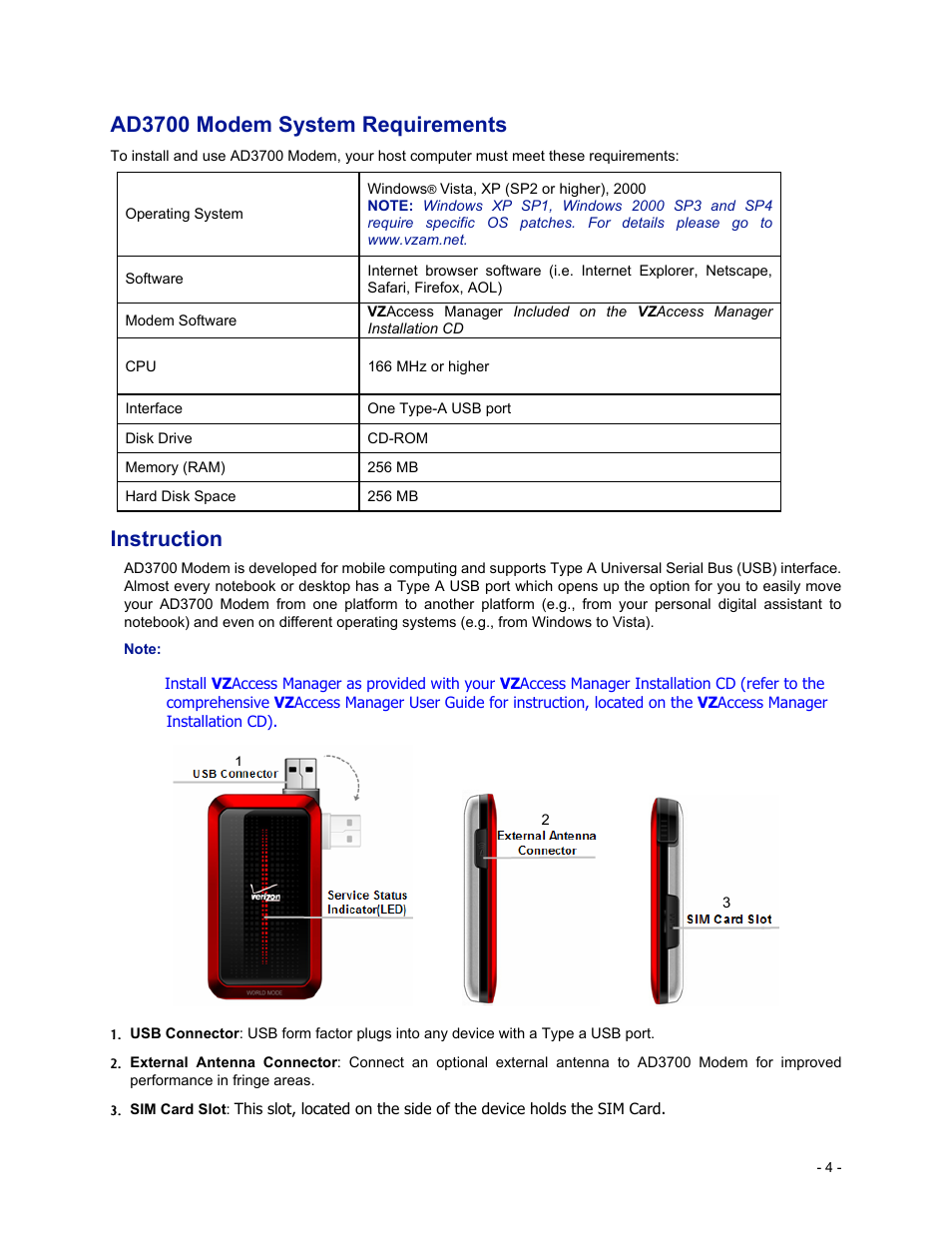 Ad3700 modem system requirements, Instruction | Verizon Wireless Global Ready USB Modem AD3700 User Manual | Page 5 / 17