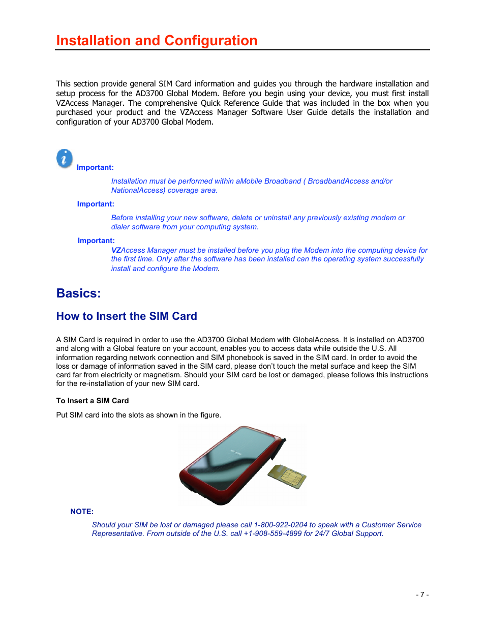 Installation and configuration, Basics, How to insert the sim card | Verizon Wireless Global Ready USB Modem AD3700 User Manual | Page 8 / 17