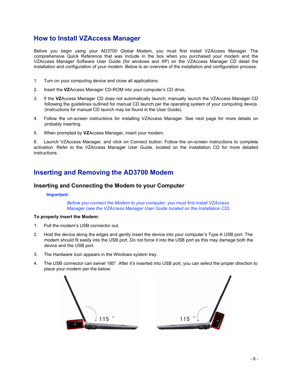 How to install vzaccess manager, Inserting and removing the ad3700 modem | Verizon Wireless Global Ready USB Modem AD3700 User Manual | Page 9 / 17