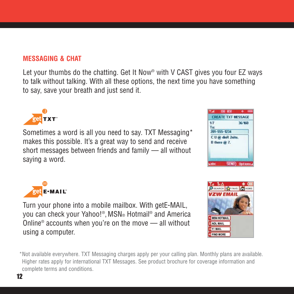 Let your thumbs do the chatting. get it now, Hotmail, And america online | Verizon V CAST MUSIC VX8100 User Manual | Page 14 / 86