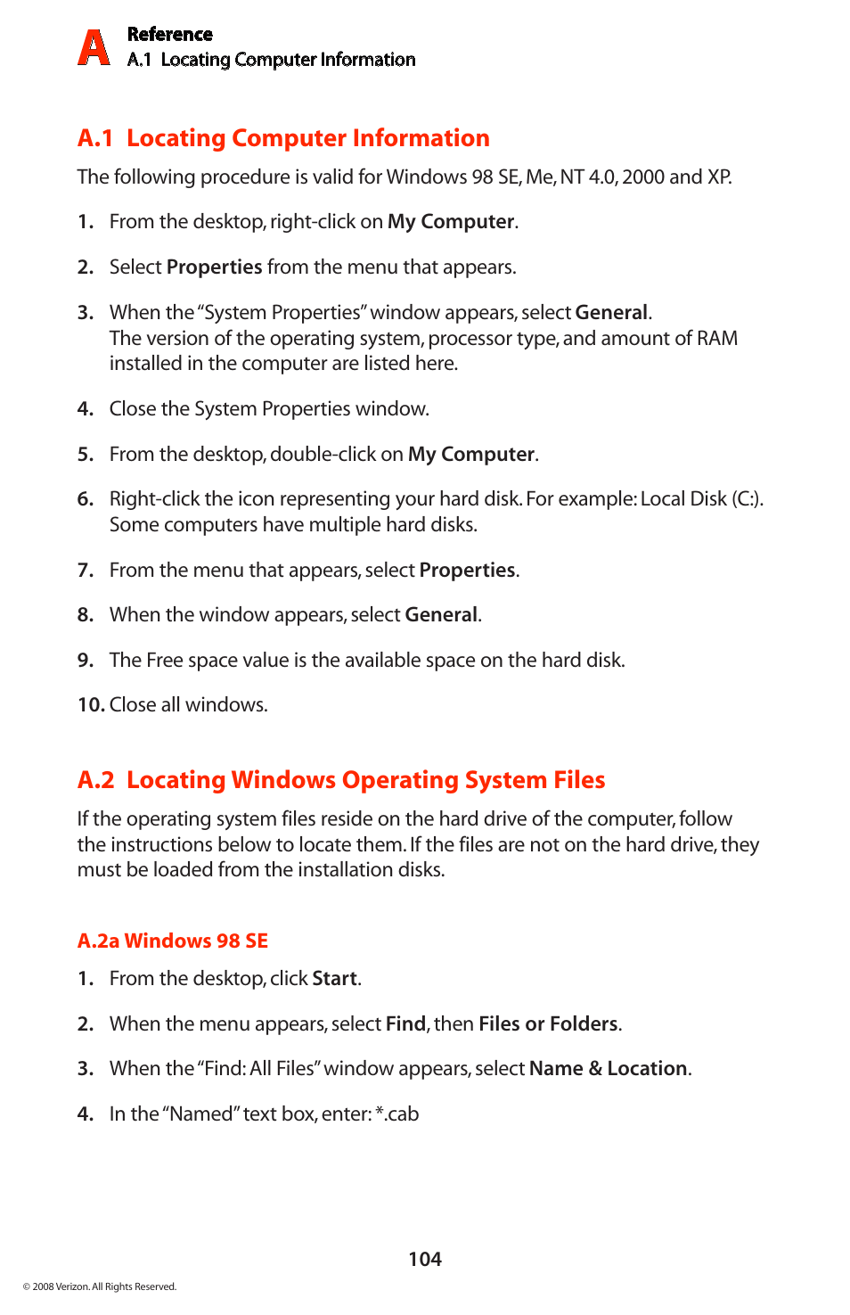 A.1 locating computer information, A.2 locating windows operating system files | Verizon GT704WGB User Manual | Page 105 / 144