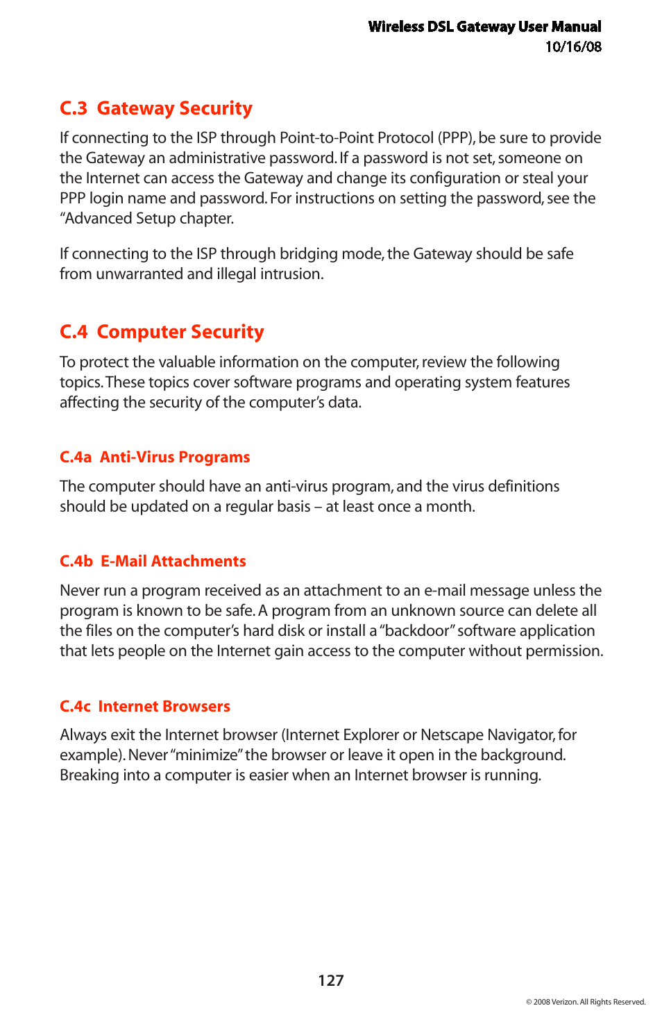 C.3 gateway security, C.4 computer security | Verizon GT704WGB User Manual | Page 128 / 144