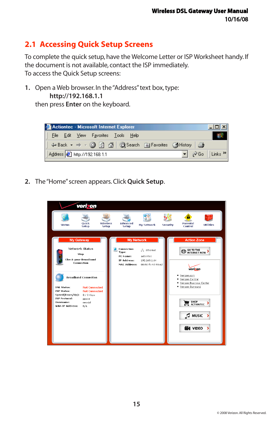 1 accessing quick setup screens | Verizon GT704WGB User Manual | Page 16 / 144