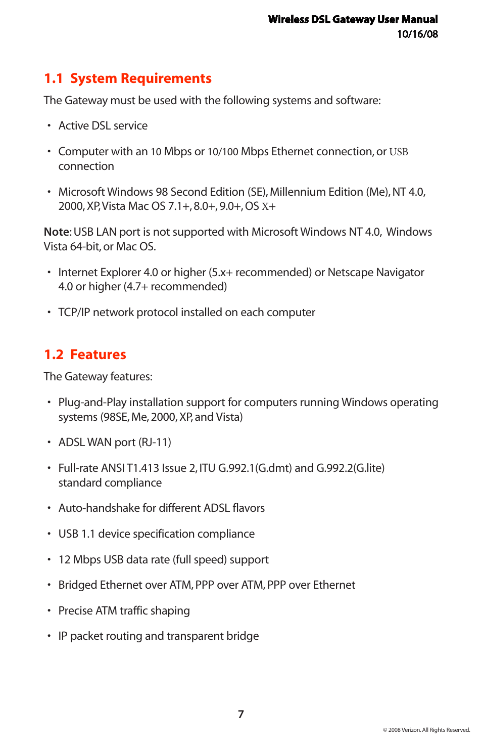 1 system requirements, 2 features | Verizon GT704WGB User Manual | Page 8 / 144