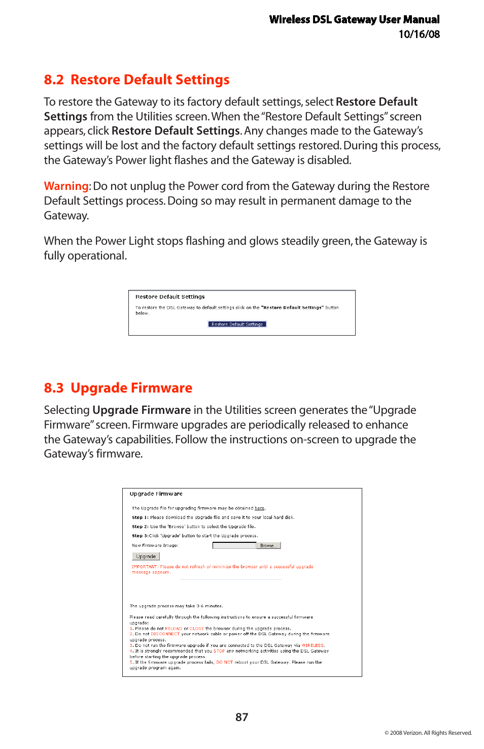 2 restore default settings, 3 upgrade firmware | Verizon GT704WGB User Manual | Page 88 / 144