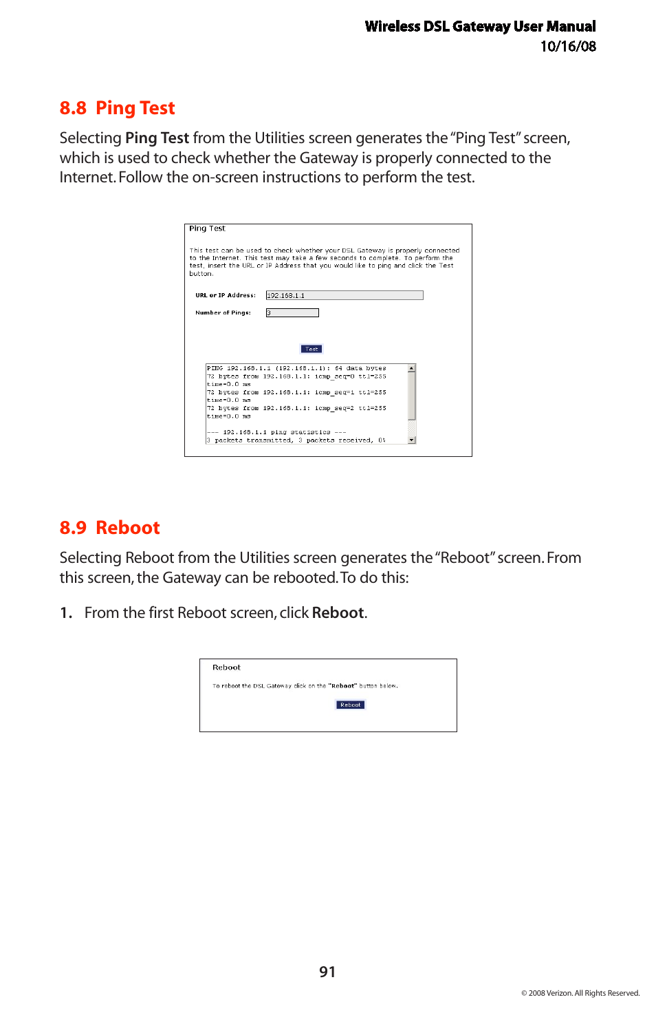 8 ping test, 9 reboot | Verizon GT704WGB User Manual | Page 92 / 144