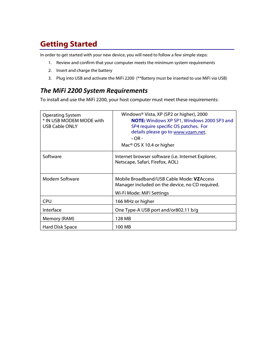 Getting started, The mifi 2200 system requirements, Ents | The mifi 2200 system requirem | Verizon MiFi 2200 User Manual | Page 11 / 50