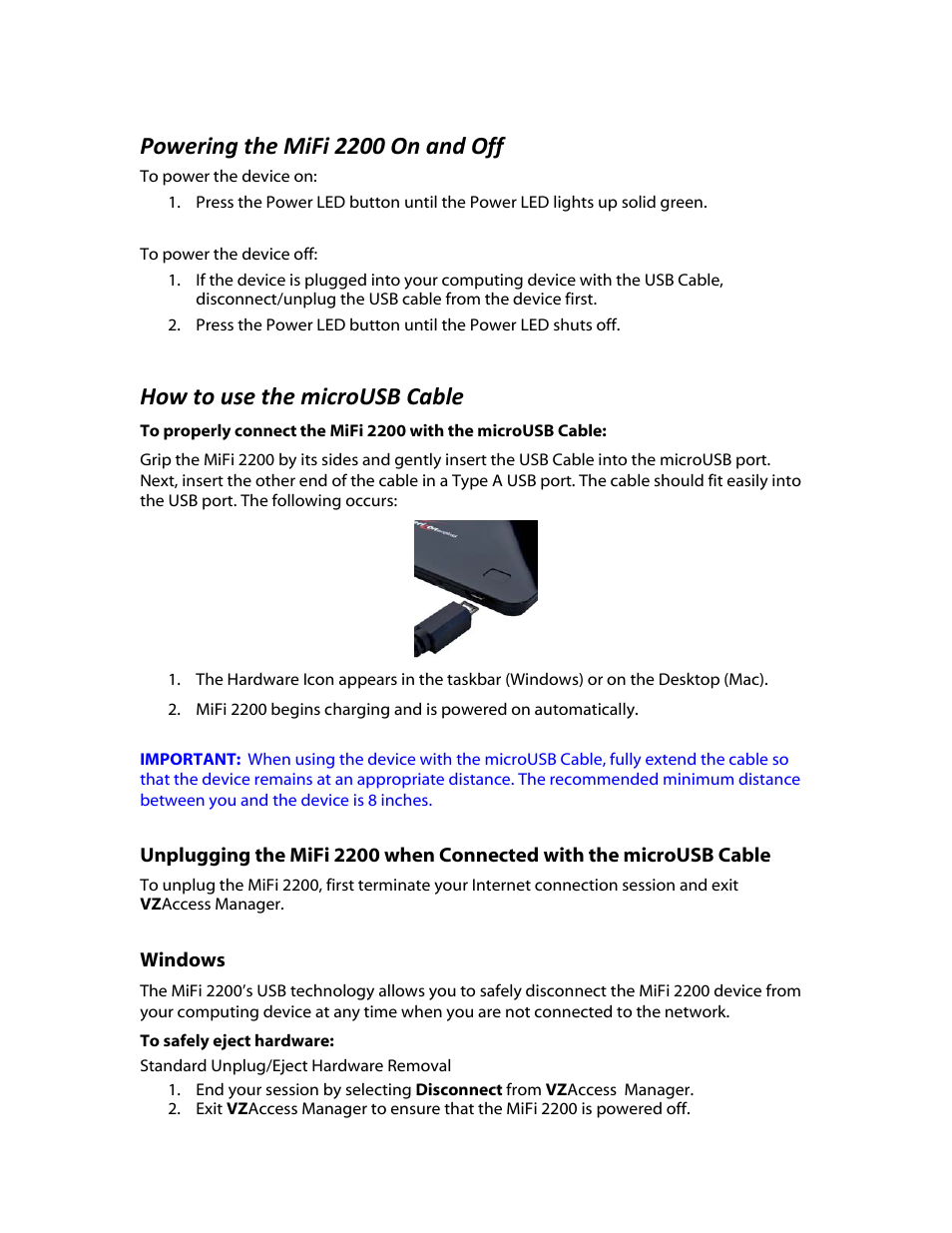 Windows, Powering the mifi 2200 on and off, Ow to use the microusb cable | Verizon MiFi 2200 User Manual | Page 15 / 50