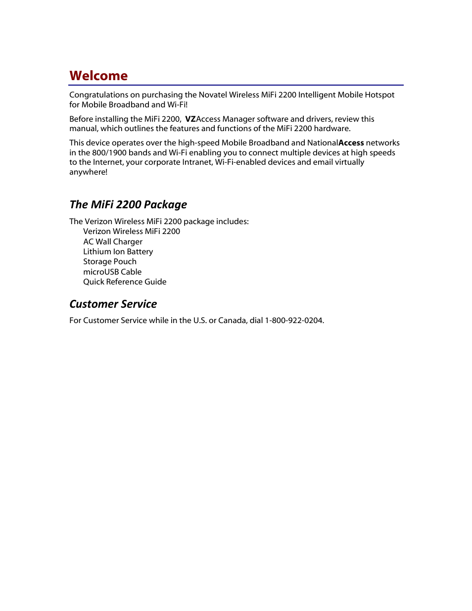 Welcome, The mifi 2200 package, Customer service | Verizon MiFi 2200 User Manual | Page 2 / 50