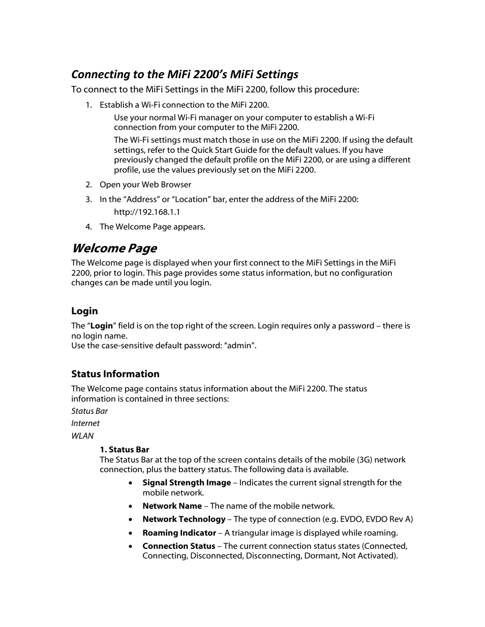 Login, Status information, Status bar | Welcome page, Connecting to the mifi 2200’s mifi settings | Verizon MiFi 2200 User Manual | Page 22 / 50