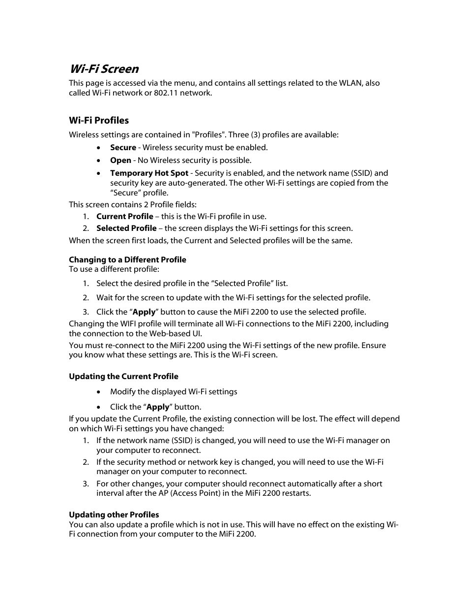 Wi-fi profiles, Changing to a different profile, Updating the current profile | Updating other profiles, Wi-fi screen | Verizon MiFi 2200 User Manual | Page 25 / 50