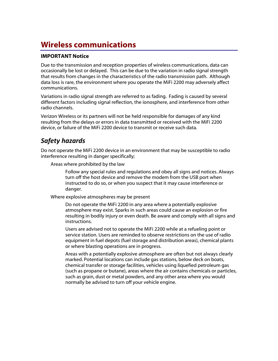 Wireless communications, Safety hazards | Verizon MiFi 2200 User Manual | Page 3 / 50