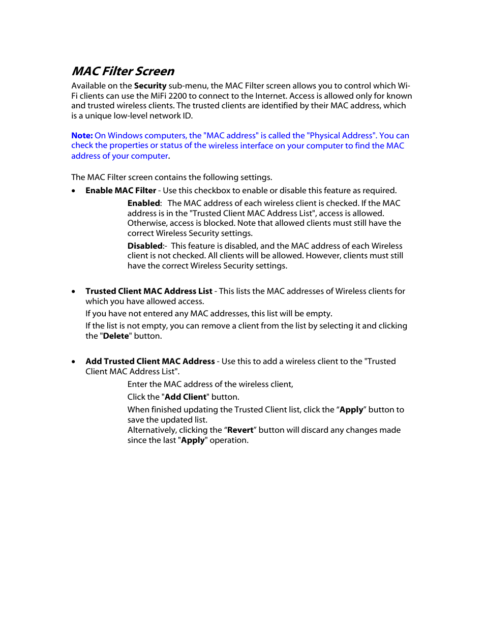 Mac filter screen | Verizon MiFi 2200 User Manual | Page 30 / 50