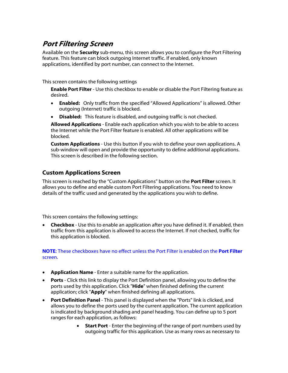 Custom applications screen, Port filtering screen | Verizon MiFi 2200 User Manual | Page 31 / 50