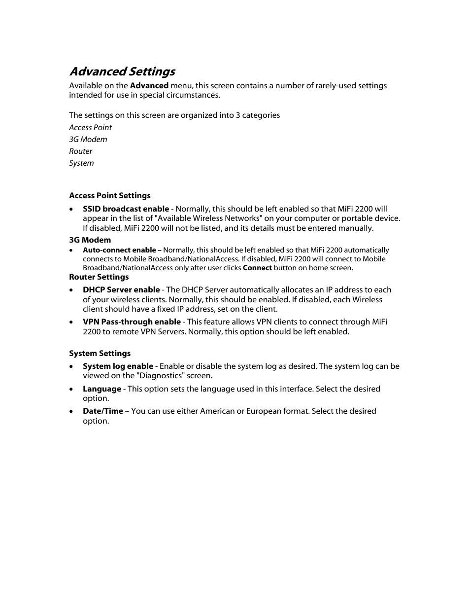 Access point settings, 3g modem, Router settings | System settings, Advanced settings | Verizon MiFi 2200 User Manual | Page 33 / 50