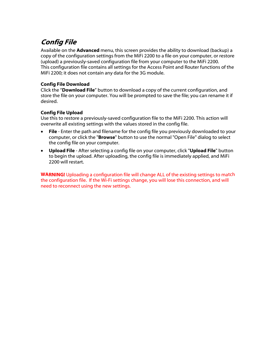 Config file download, Config file upload, Config file | Verizon MiFi 2200 User Manual | Page 34 / 50