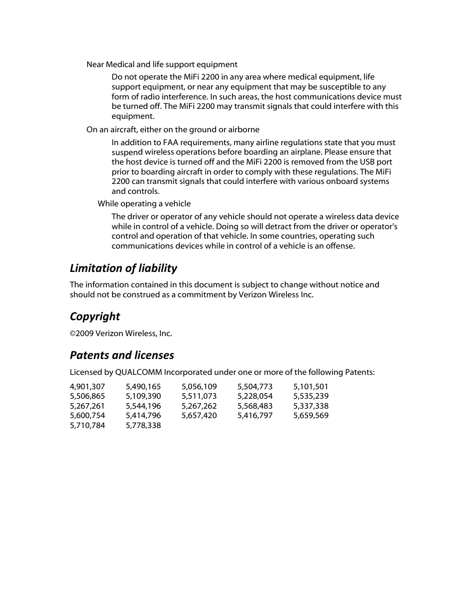 Limitation of liability, Copyright, Patents and licenses | Copyrigh, Patents, And licenses | Verizon MiFi 2200 User Manual | Page 4 / 50
