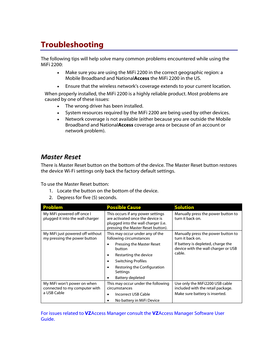 Troubleshooting, Master reset | Verizon MiFi 2200 User Manual | Page 40 / 50