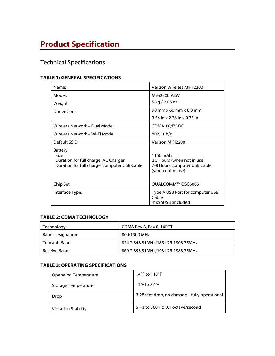 Product specification, Technical specifications | Verizon MiFi 2200 User Manual | Page 41 / 50