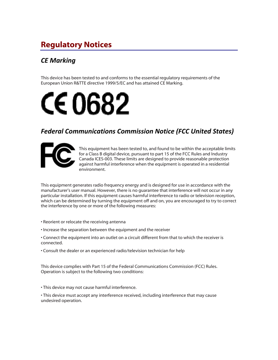 Regulatory notices, Ce marking, Federal commission united states) | Communications notice (fcc | Verizon MiFi 2200 User Manual | Page 42 / 50