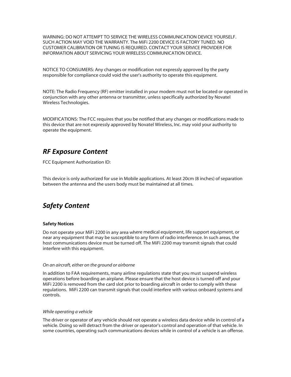 Content rf exposure, Safety content | Verizon MiFi 2200 User Manual | Page 43 / 50