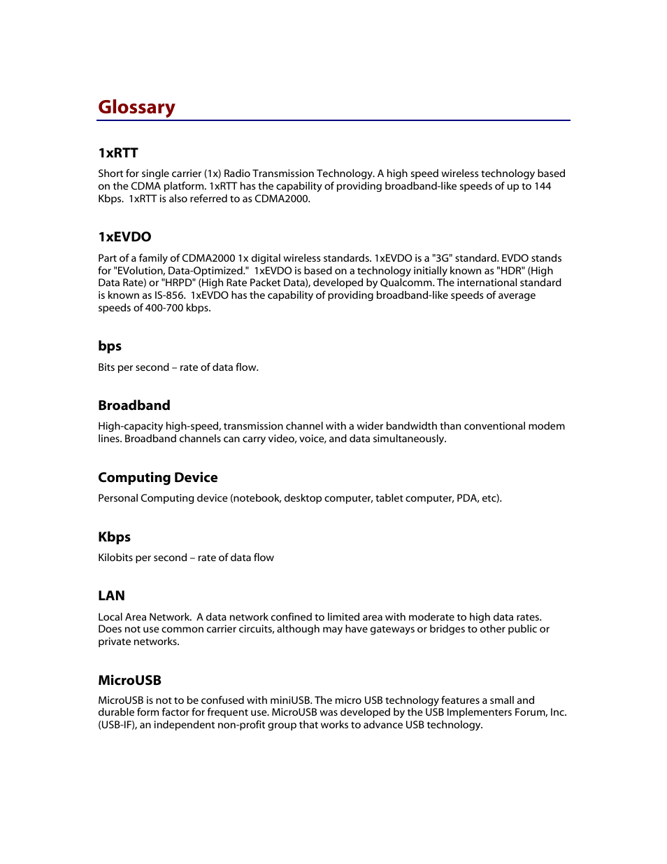 Glossary, 1xrtt, 1xevdo | Broadband, Computing device, Kbps, Microusb | Verizon MiFi 2200 User Manual | Page 47 / 50