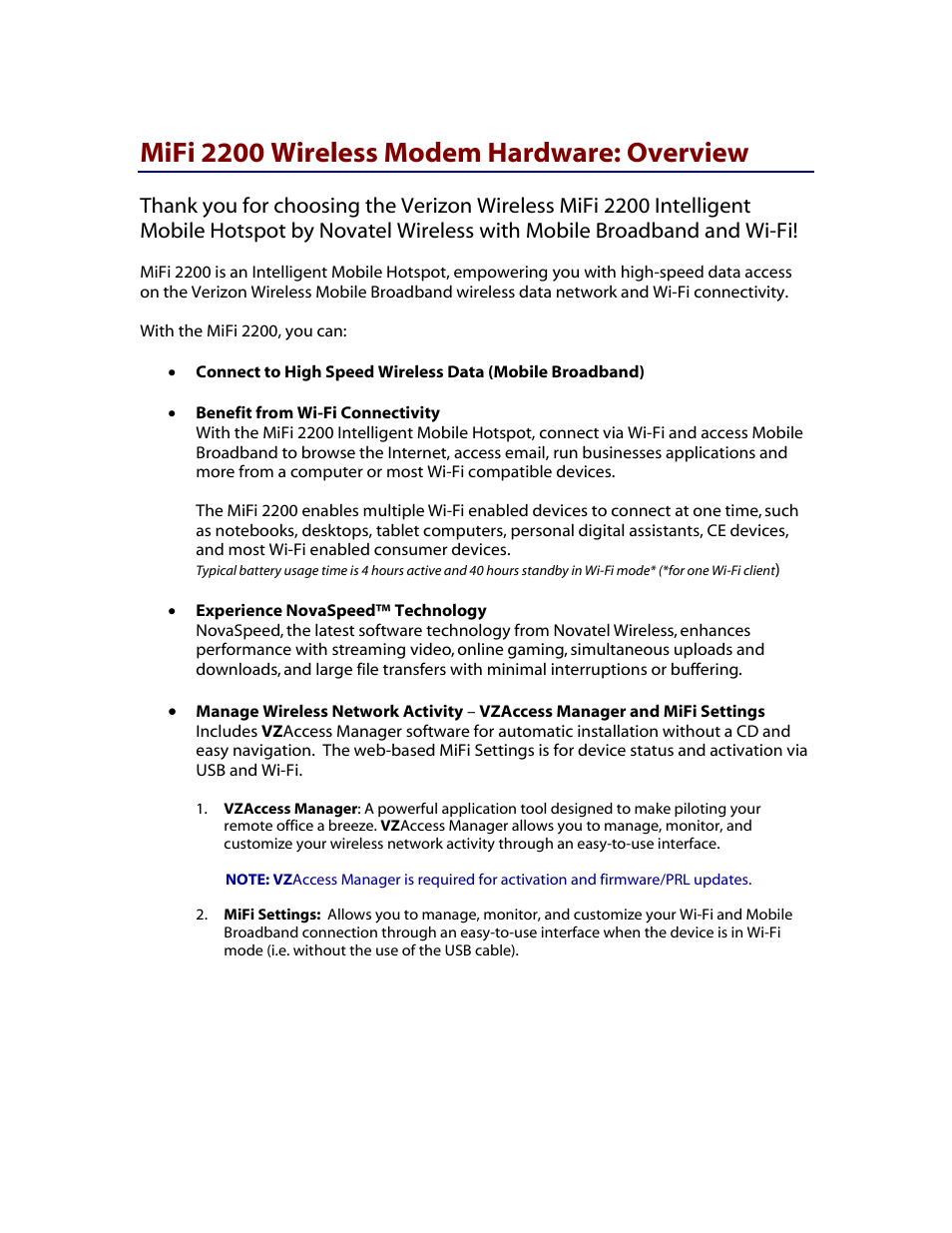 Mifi 2200 wireless modem hardware: overview | Verizon MiFi 2200 User Manual | Page 6 / 50