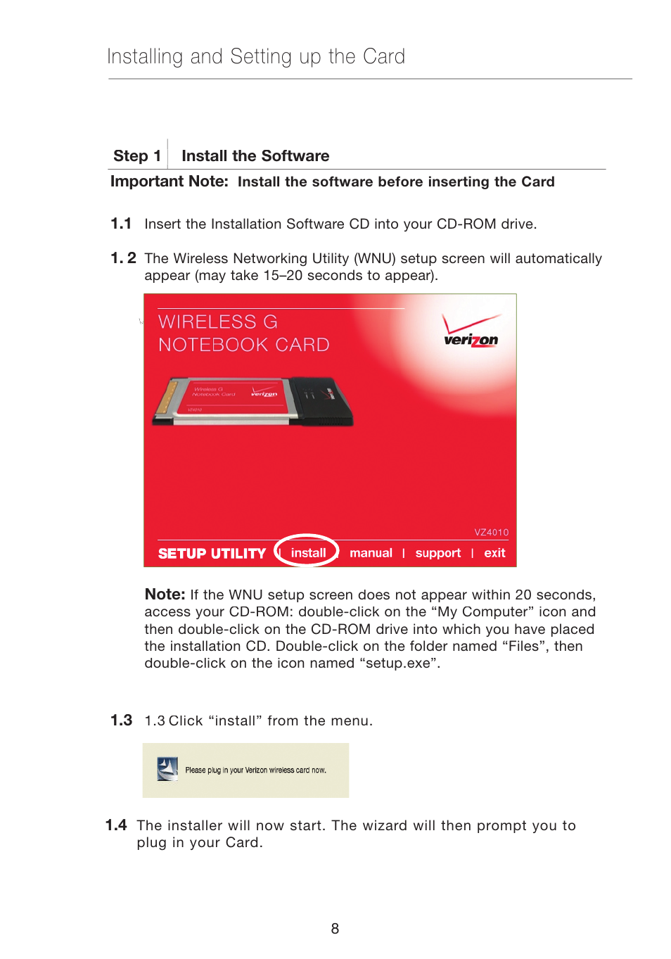 Installing and setting up the card | Verizon VZ4010 User Manual | Page 10 / 39
