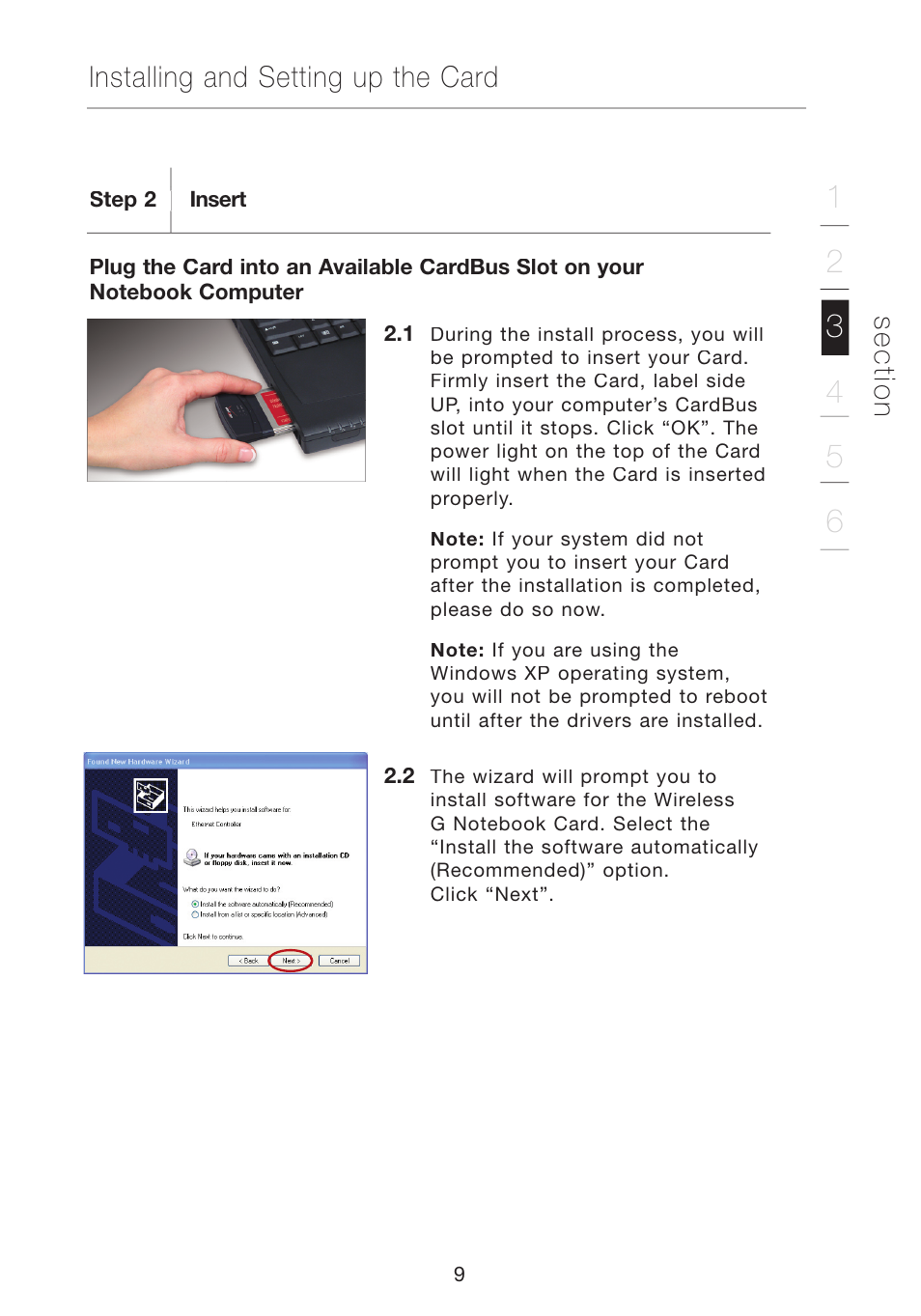 Se c tio n, Installing and setting up the card | Verizon VZ4010 User Manual | Page 11 / 39