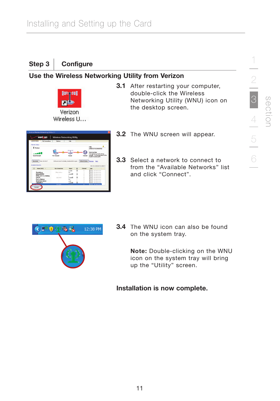 Installing and setting up the card, Se c tio n | Verizon VZ4010 User Manual | Page 13 / 39