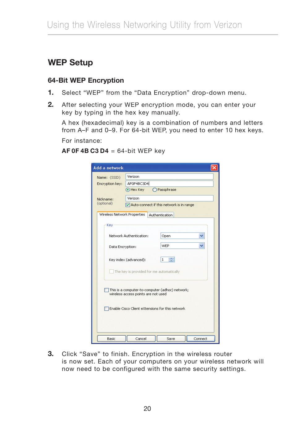 Using the wireless networking utility from verizon, Wep setup | Verizon VZ4010 User Manual | Page 22 / 39