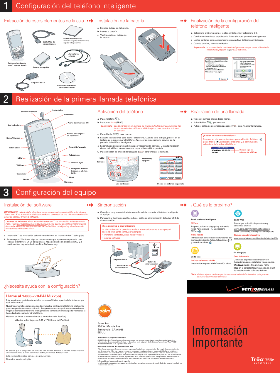 Información importante, Configuración del equipo, Instalación de la batería | Extracción de estos elementos de la caja, Instalación del software activación del teléfono, Realización de una llamada, Sincronización | Verizon 755P User Manual | Page 2 / 2