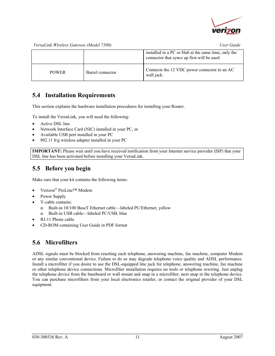 4 installation requirements, 5 before you begin, 6 microfilters | Verizon 7500 User Manual | Page 11 / 186