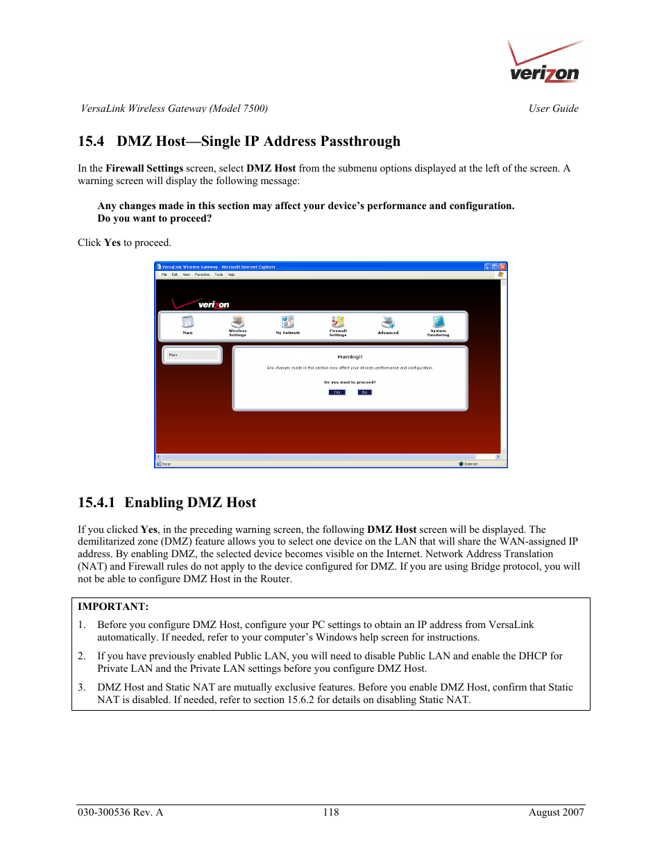 4 dmz host—single ip address passthrough, 1 enabling dmz host | Verizon 7500 User Manual | Page 118 / 186