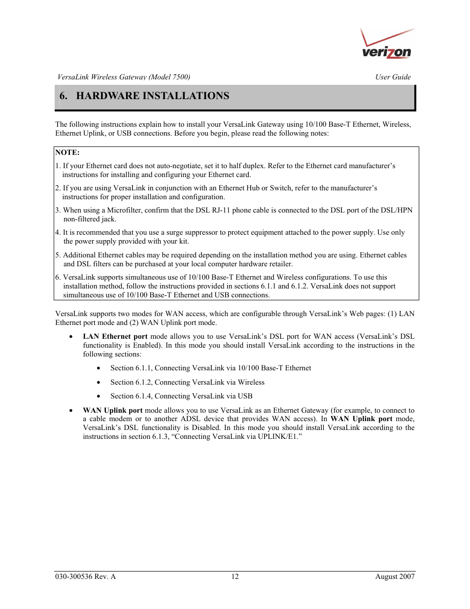 Hardware installations | Verizon 7500 User Manual | Page 12 / 186