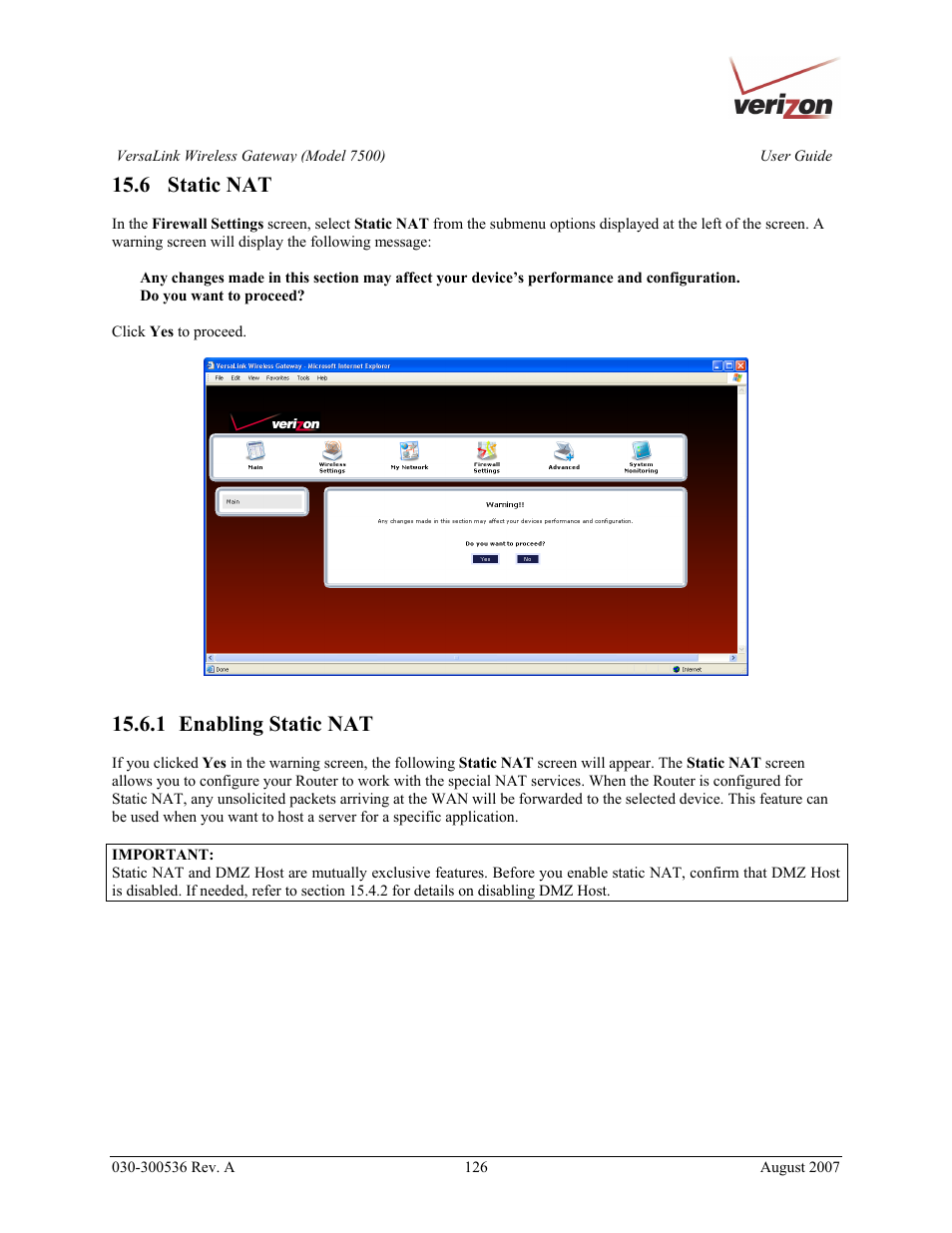6 static nat, 1 enabling static nat | Verizon 7500 User Manual | Page 126 / 186