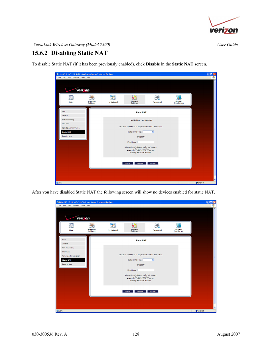 2 disabling static nat | Verizon 7500 User Manual | Page 128 / 186