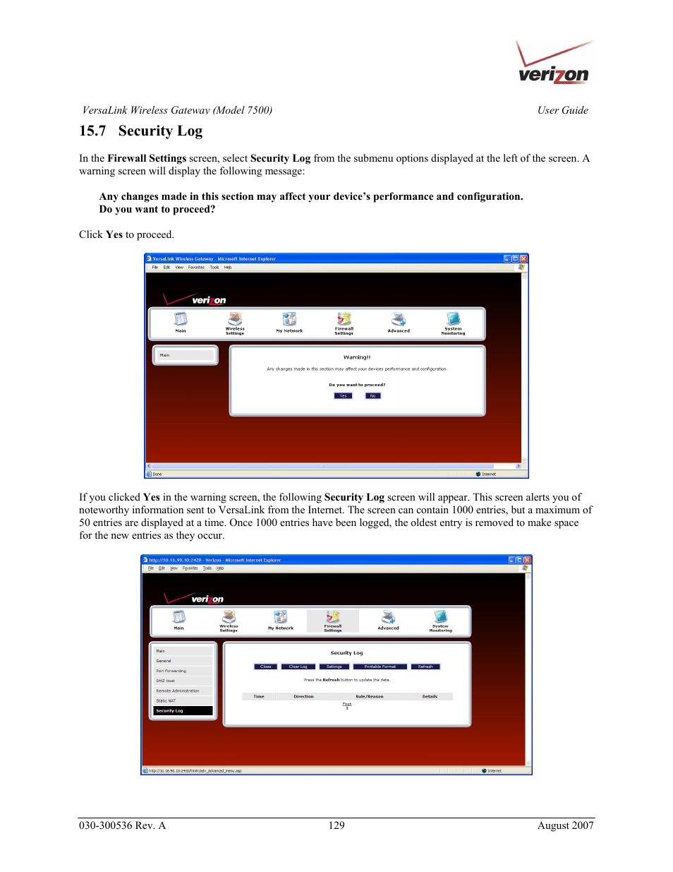 7 security log | Verizon 7500 User Manual | Page 129 / 186