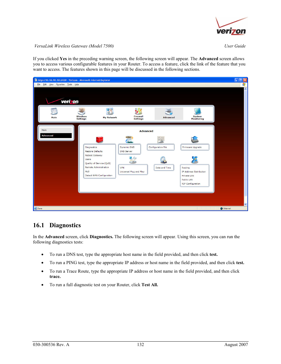 1 diagnostics | Verizon 7500 User Manual | Page 132 / 186