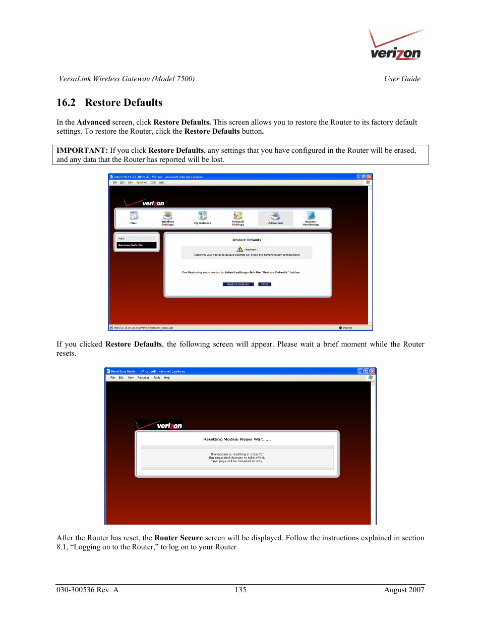 2 restore defaults | Verizon 7500 User Manual | Page 135 / 186