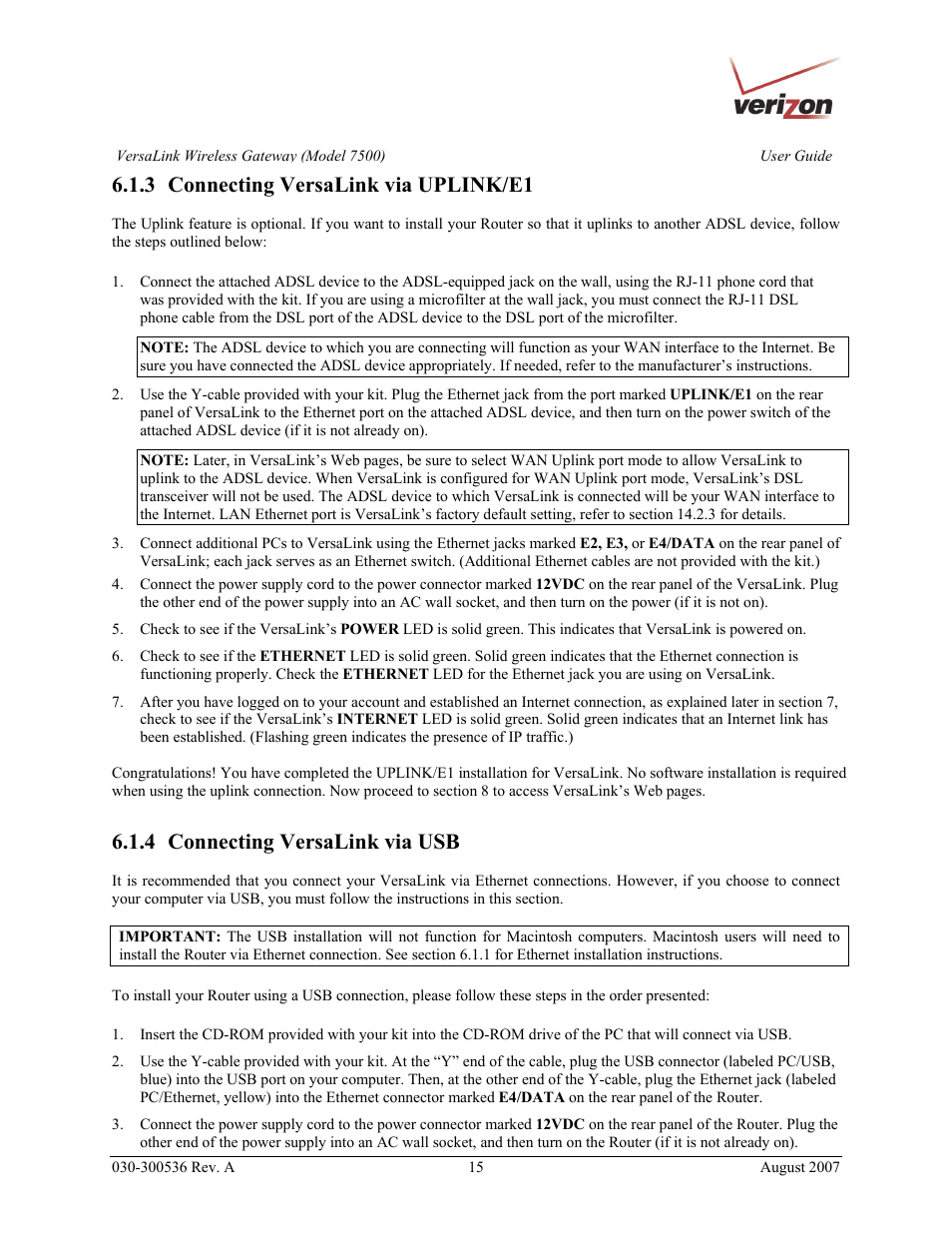 3 connecting versalink via uplink/e1, 4 connecting versalink via usb | Verizon 7500 User Manual | Page 15 / 186