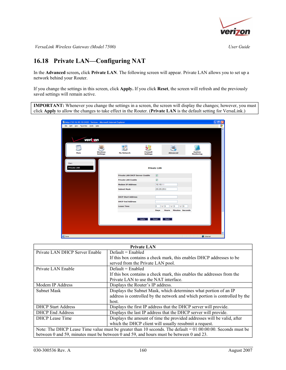 18 private lan—configuring nat | Verizon 7500 User Manual | Page 160 / 186