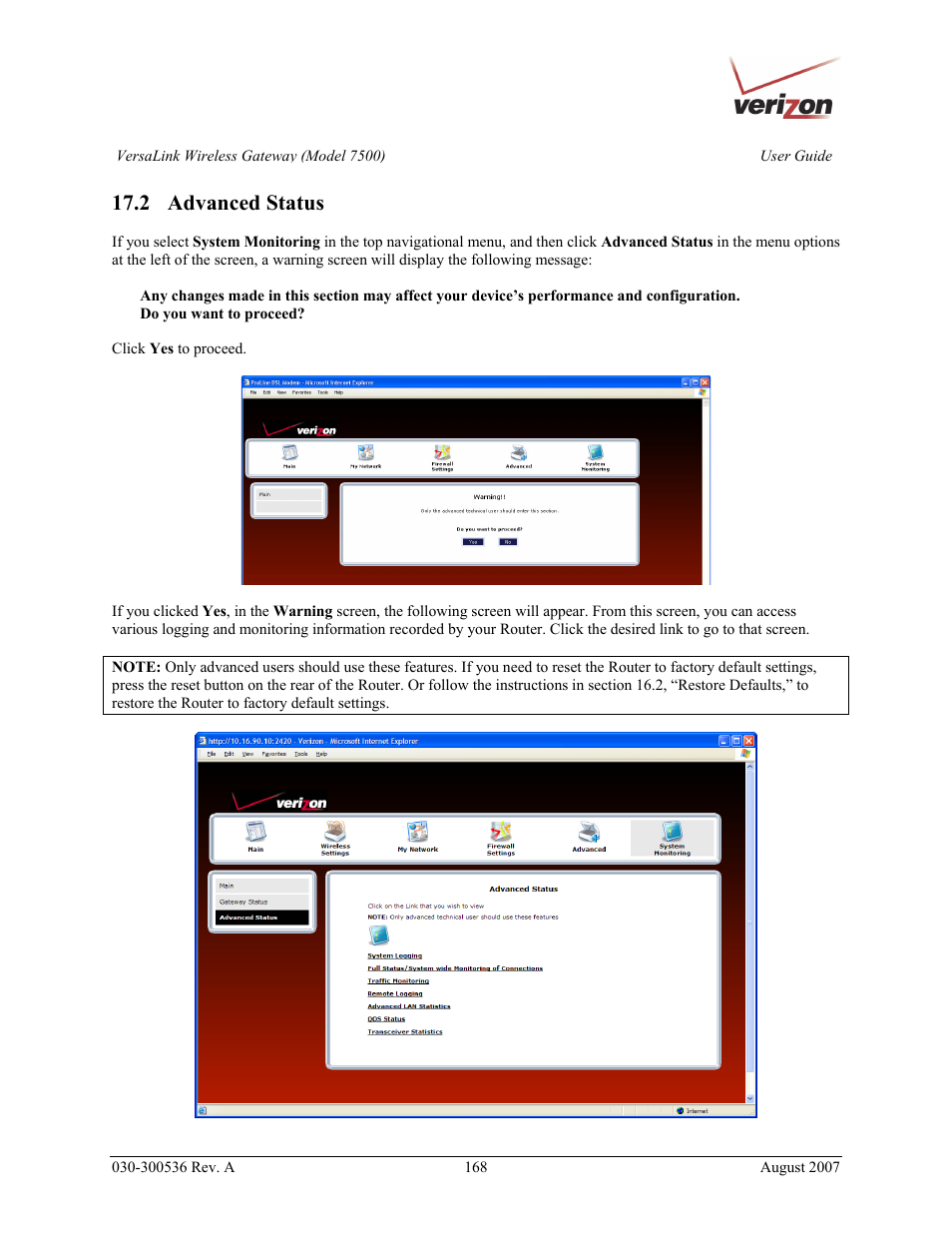 2 advanced status | Verizon 7500 User Manual | Page 168 / 186